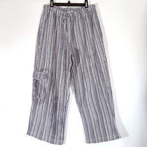 Chico's Lightweight Gray White Striped Cotton Pull-on Elastic Waist Pants Sz 2/L